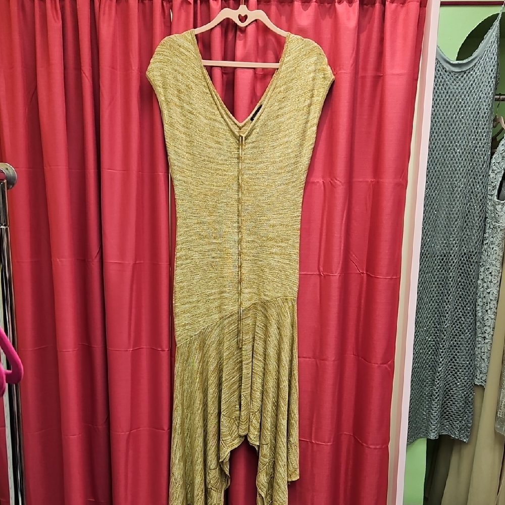 Bebe Gold Asymmetrical Midi Dress
